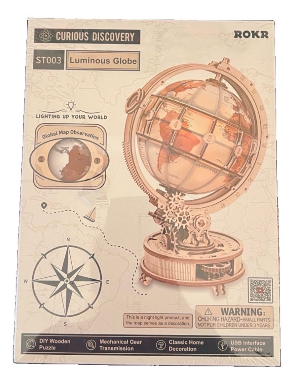 ROKR Luminous Globe ST003 3D Wooden Puzzle DIY Model Kit Curious Discovery - New